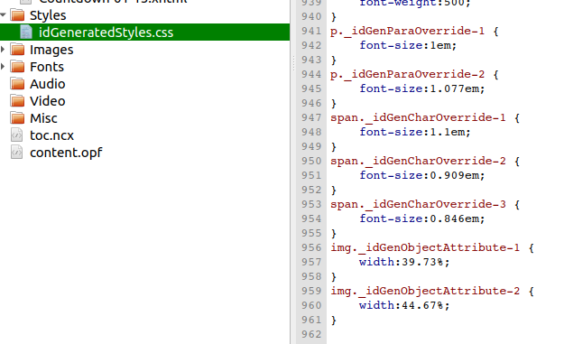 Sigil's Styles panel showing an idGeneratedStyles CSS file created by InDesign